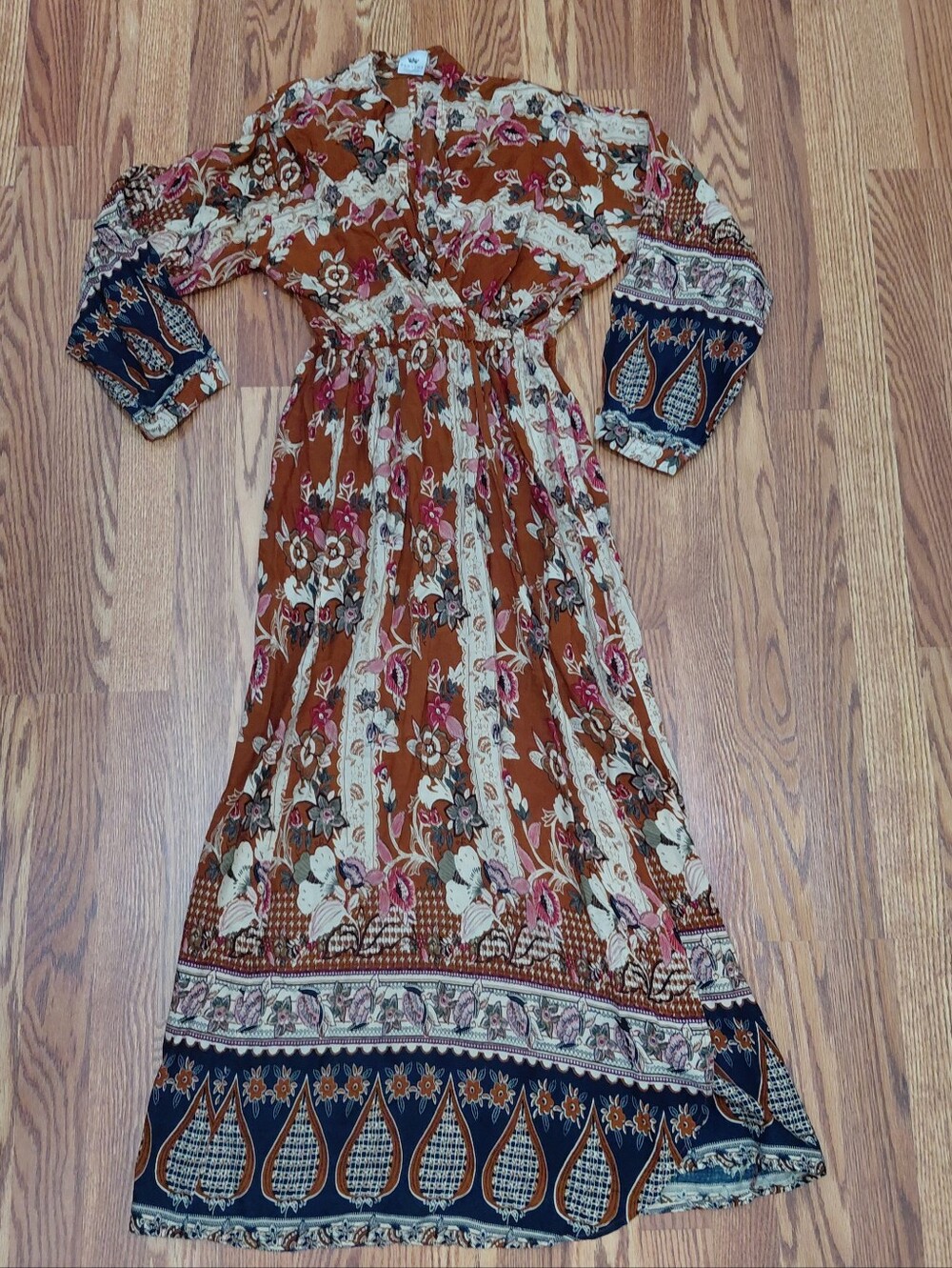 Panache Flowy Boho Dress Women Sz S Rust, Navy Cream Floral Maxi Dress